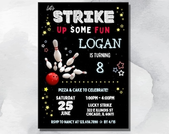 Editable Bowling Party Birthday Invitation Canva Template Instant Download Glow In The Dark Neon Yellow Stars Red White Blue Celebration