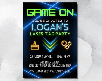 Editable Boy&#39;s Laser Tag Birthday Party Invitation Canva Template Download Celebration Glow In The Dark Neon Green Blue Yellow Theme