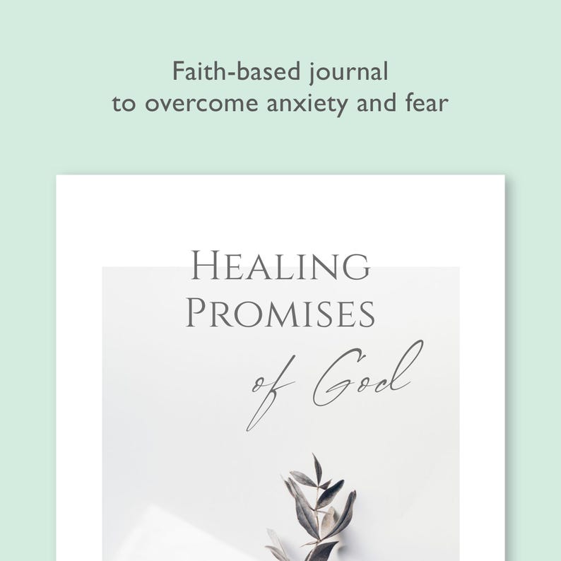 May include: A white journal cover with the text "HEALING PROMISES of God" in gray text. A small sprig of greenery is in the bottom right corner of the image.