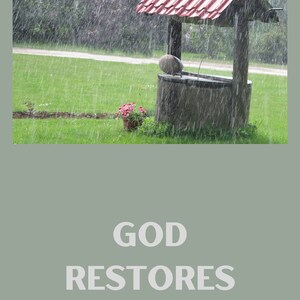 Dieu restaure l'âme, puits de rafraîchissement vert herbe pluie printemps été papier peint carte postale carte jpg Écritures bibliques foi Jésus Pâques