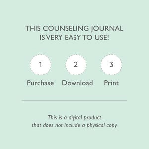 May include: A graphic showing three steps to purchase a digital counseling journal: purchase, download, and print. The text "This is a digital product that does not include a physical copy" is below the steps.