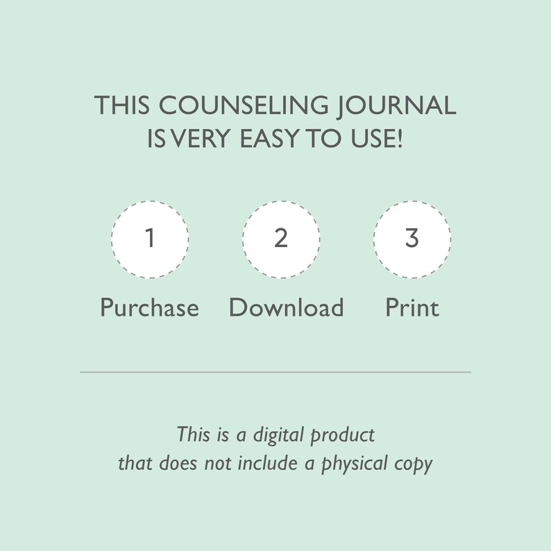 May include: A graphic showing three steps to purchase a digital counseling journal: purchase, download, and print. The text "This is a digital product that does not include a physical copy" is below the steps.