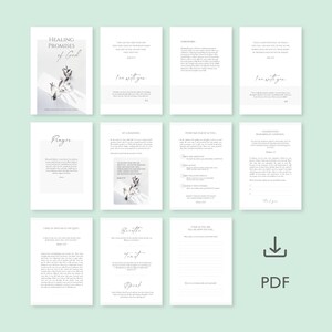 May include: A printable PDF guide with the title "Healing Promises of God". The guide includes sections on prayer, overcoming fear, and transforming challenges. The guide features a floral design with a white background.