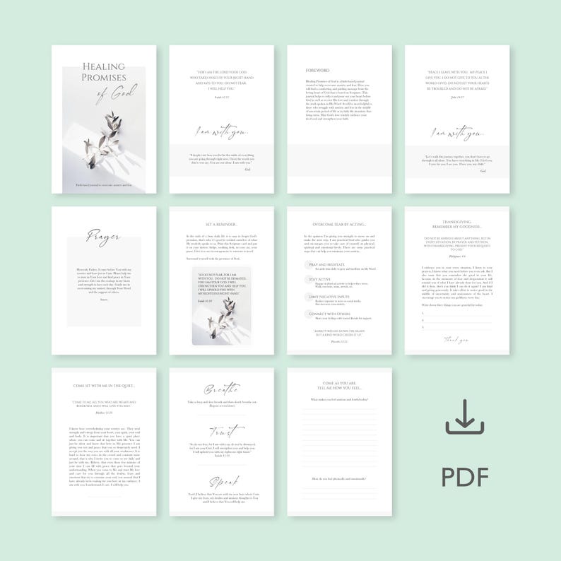 May include: A printable PDF guide with the title "Healing Promises of God". The guide includes sections on prayer, overcoming fear, and transforming challenges. The guide features a floral design with a white background.