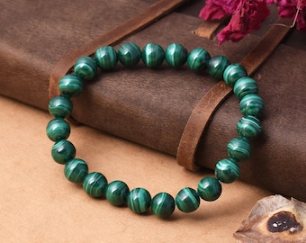 Natural Malachite Beaded Bracelet 8mm Beaded Green Bracelet Stretchable Bracelet for Men and Women Gift for her