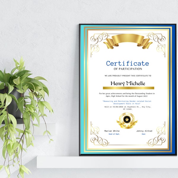 Printable and Customizable Certificate of Participation, Recognize and Honor Outstanding Contributions for Your Exceptional Achievements