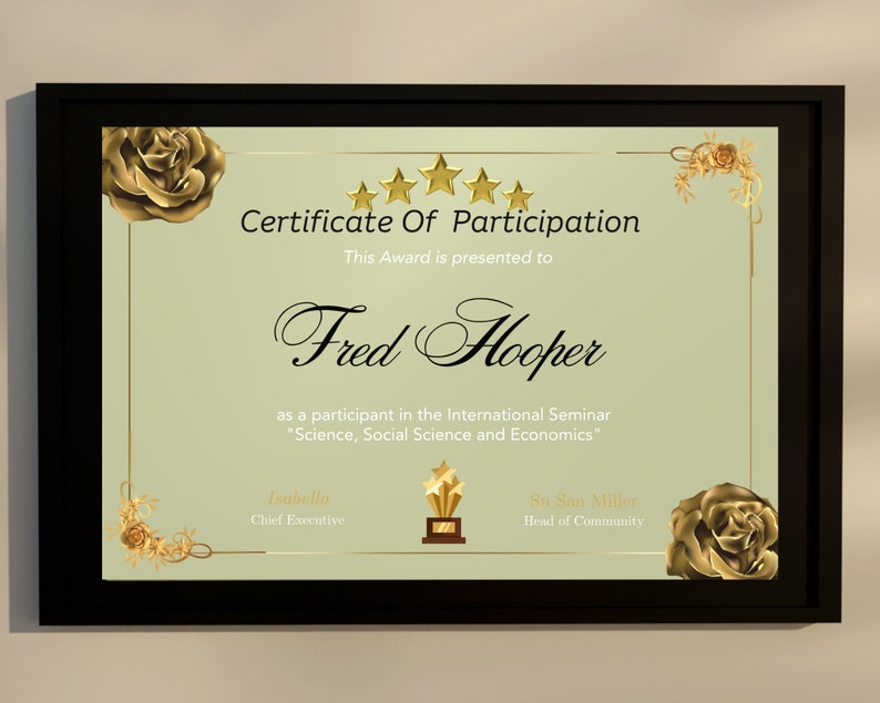 Customizable Certificate of Participation Recognize and Honor Etsy