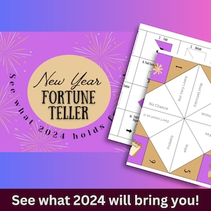 Puede incluir: Un juego de adivinanzas de Año Nuevo de color morado y dorado con fuegos artificiales de fondo. El juego es un juego de adivinanzas de papel con diferentes predicciones escritas en cada solapa. El texto del juego dice "New Year Fortune Teller See what 2024 holds".