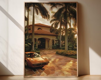 Stampa artistica vintage di Miami, fotografia del tramonto sulla spiaggia, decorazione murale costiera