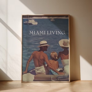 Póster de Miami Beach, póster retro, vacaciones familiares en barco, impresión costera de verano, arte de pared de Miami, póster de viaje retro, regalo de inauguración de la casa.