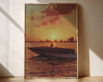 Retro Miami Sunset Poster, Tropical Beach Photography Print