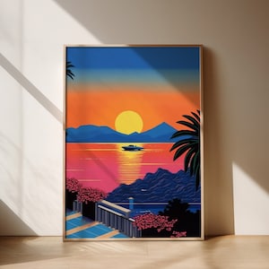 City pop Sunset Poster, Tropical City Pop, Modern landscape art, Vaporwave poster, Retro Japanese Aesthetic, Pop art, Vintage Print 90s 80s