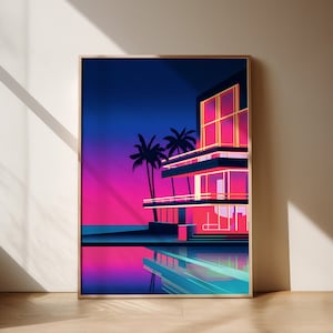 Synthwave Miami Poster, Neon Miami Poster, Miami Poster, City Pop, Miami Cityscape, Retrowave art, Vaporwave art, Cyberpunk art