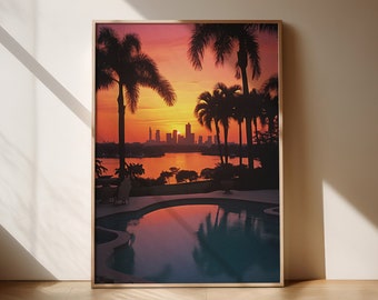 Miami Golden Hour Print, Retro Tropical Sunset Poster