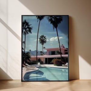Poster a bordo piscina, Palm Spring House, stampa fotorealistica, poster retrò, estetica anni '80, arte murale californiana, regalo per la nuova casa