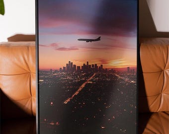 Los Angeles Skyline Print, 80s Cityscape Wall Art, California Sunset Decor, Retro Poster, Airplane Over LA, Palm Tree Sunset, Travel Gift