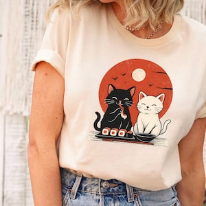 Amante de gatos, gatinho, música, camiseta de gato, sushi, camiseta estilo japonês, amante de sushi, gato japonês, camiseta vintage de gato