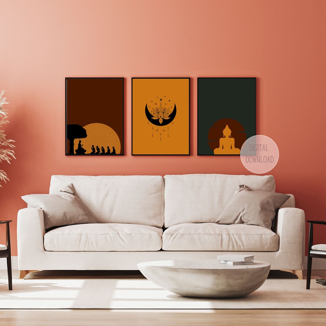 Wall Art Buddhist Poster, Meditation Wall Art Set, Set of 3 Buddha Wall