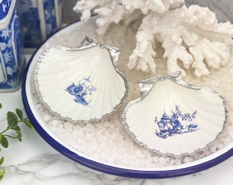 Chinese Village Scallop Shell Trinket/Ring Dish Silver - Set of 2