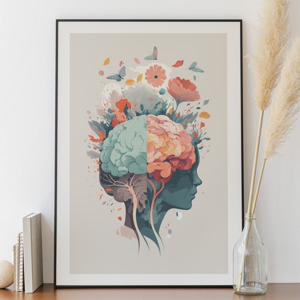 Floral Brain Mind Poster - Psychologist Office Poster, Therapist Wall Art, Psychology Poster, Therapy, Emotion Poster, Flower