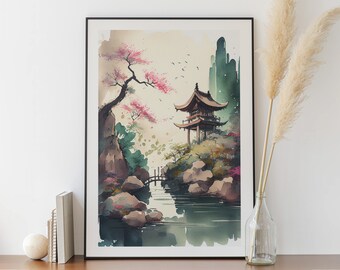 Aquarell einer japanischen Landschaft