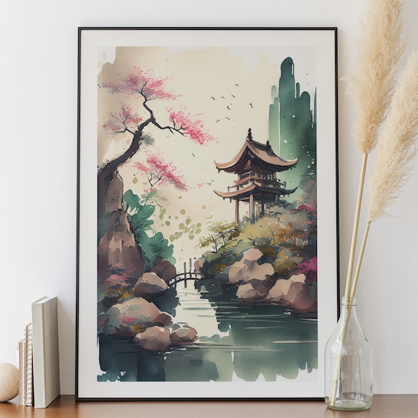 Watercolor painting of a Japanese Landscape