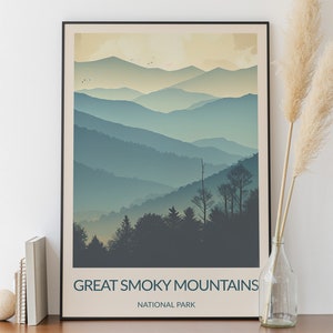 Parque Nacional de las Grandes Montañas Humeantes, Póster minimalista, Pintura digital, Impresión de parques nacionales, Póster de parques nacionales, Arte mural de parques nacionales