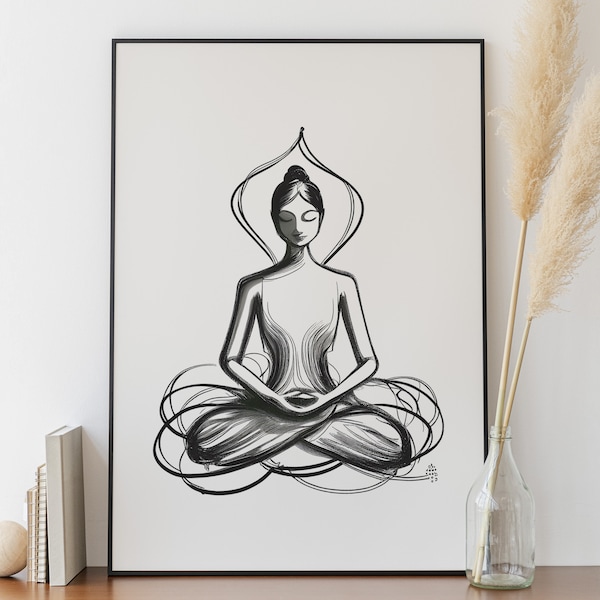 Poster Yoga Dessin au trait abstrait en position du lotus - Meditation Poster, Poster cours de Yoga, Affiche Studio Yoga, Yoga Poses, Zen