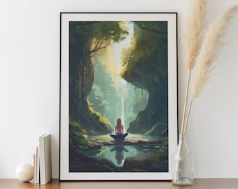 Yoga Poster Meditation in the forest near a river and waterfall - Yoga class poster, Yoga studio poster, Yoga pose, Relaxation poster, Zen