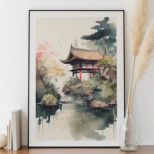 Pintura em aquarela de uma paisagem japonesa