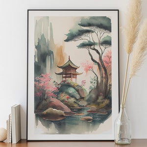 Pintura em aquarela de uma paisagem japonesa