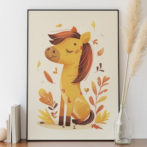 Póster de caballo bonito - Decoración de pared para habitación de bebé - Idea de regalo de nacimiento - Póster infantil - Ilustración de animales para niños y niñas