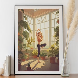 Póster de yoga: Postura del árbol en una habitación llena de flores - Póster de meditación, póster de clase de yoga, póster de estudio de yoga, lienzo de relajación