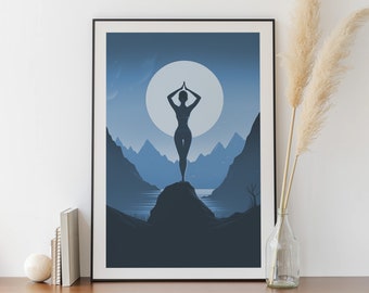 Yoga Poster Mountain Lake and Moon - Meditation Poster, Yoga Class Poster, Yoga Studio Poster, Yoga Pose, Relaxation Canvas, Yoga Decor