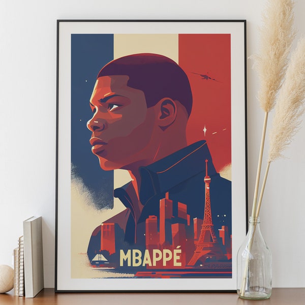 Poster Mbappe - Décoration Chambre - Affiche coupe du monde - Cadeau pour garçon - Poster minimaliste - Digital Painting - Equipe de France