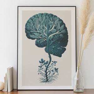 Póster de cerebro floral - Póster de consultorio de psicólogo, arte mural de terapeuta, póster de psicología, terapia, póster de emociones, flores