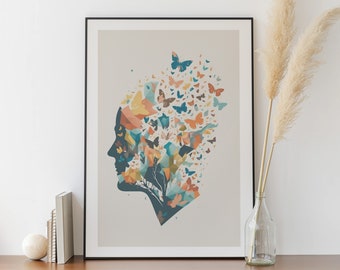 Mind Brain and Butterflies Poster - Psychologist Office Poster, Therapist Wall Art, Psychology Poster, Therapy, Emotions Poster
