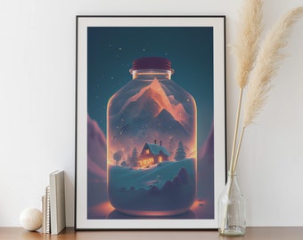 Poster of Mountain Landscape in winter in bottle