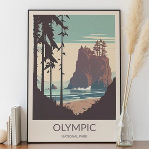 Parque Nacional Olímpico, Póster minimalista, Pintura digital, Impresión de parques nacionales, Póster de parque nacional, Arte mural de parque nacional, Ilustración