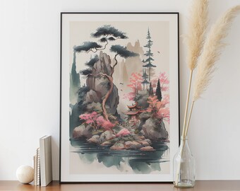 Aquarell einer japanischen Landschaft