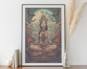 Yoga Poster Detailed Drawing Woman in Lotus Position - Meditation Poster, Yoga Class Poster, Yoga Studio Poster, Yoga Pose, Relaxation