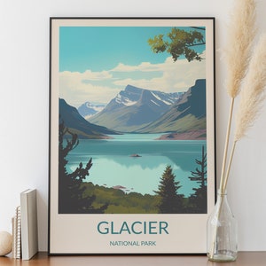 Parque Nacional de los Glaciares, Póster minimalista, Pintura digital, Impresión de parques nacionales, Póster de parque nacional, Arte mural de parque nacional, Ilustración