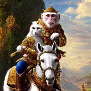 Monkey riding a horse, with a cat in boots sitting behind him