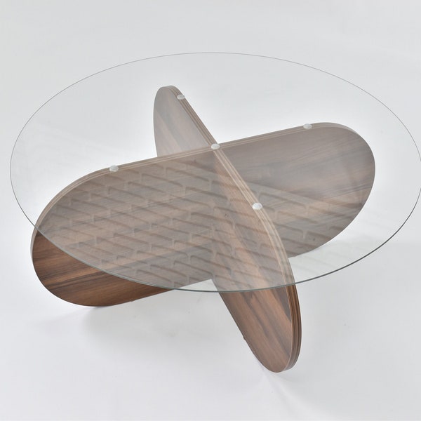 Center Table - Unique Coffee Table - Minimalist Furniture - Coffee Table - Glass Coffee Table with Wooden Base -Round Table for living room