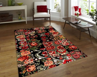 Traditional Vintage Floral Patchwork Black Rug, Turkish Carpet, Machine Washable, Non Slip, Printed Kilim, Saloon and Living Room, Vintage