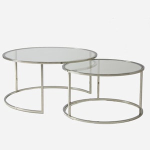 Glass Top Modern Coffee Table Set of 2 - Round Center Tables for Living Room, Coffee Table, Chrome, Interior Decoration, Modern Coffee Table