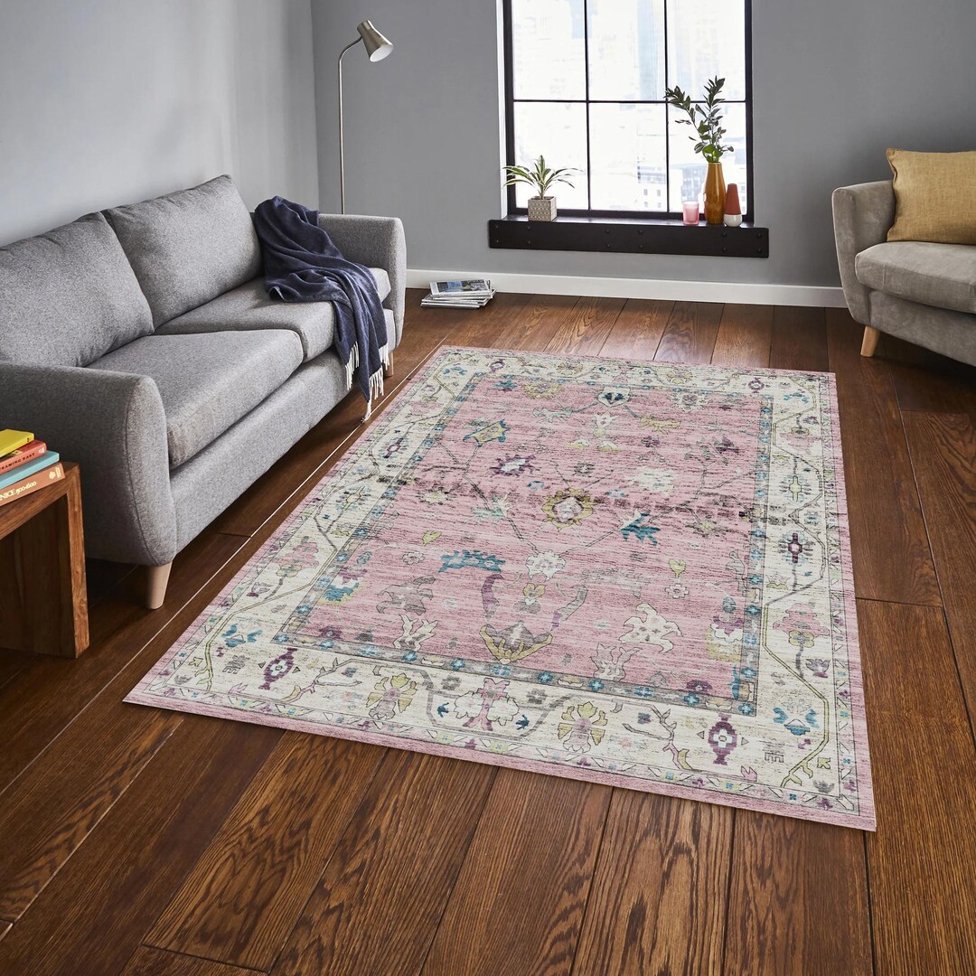 Pink Rug, Vintage Style Area Rug for Living Room, Turkish Rug 6x9