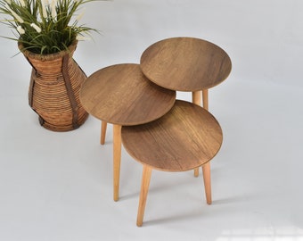 Rustic Solid Nesting Tables, coffee table set, nest of tables , round side table, Plant Table, Plant Stand, Coffee End Table