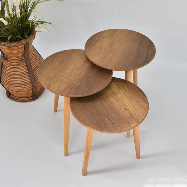 Tables gigognes solides rustiques, ensemble de tables basses, tables gigognes, table d'appoint ronde, table de plantes, support de plantes, table de bout de café