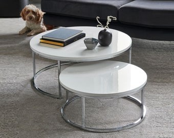 Modern Coffee Tables - Round Table Set of 2, Living Room Decor, Interior Design, White Solid Table Top on Chrome Plate Metal Base, Home Gift